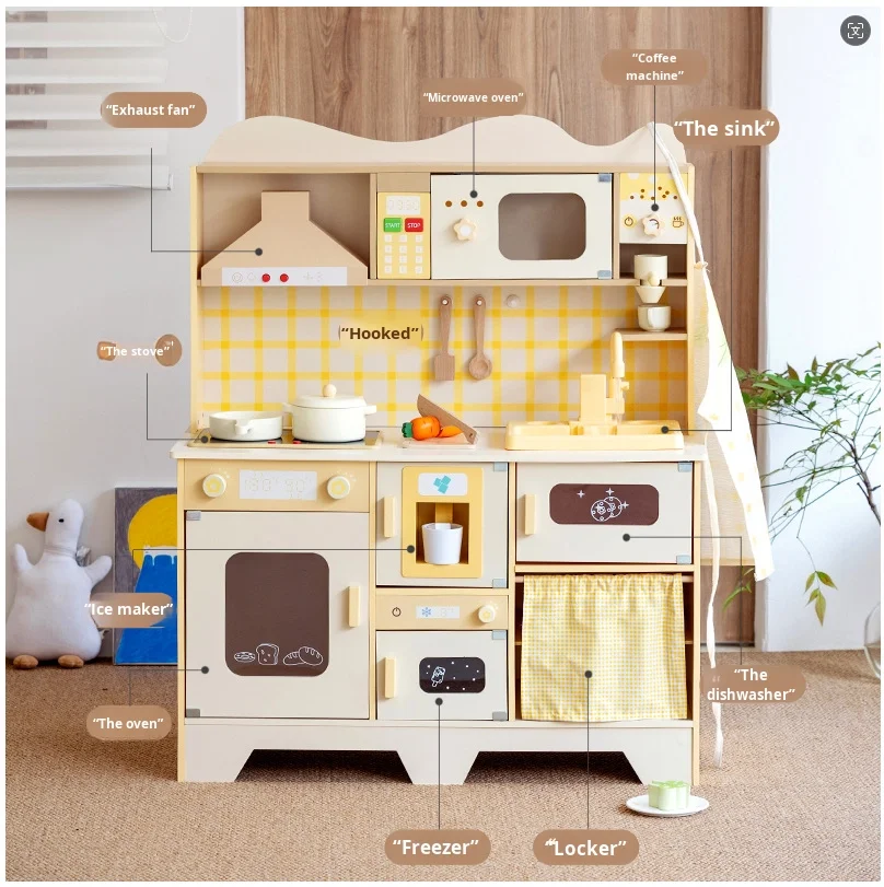 Children's Wooden Simulation Sound And Light Stove Kitchen Toy Set With Sink Pretend Play Cooking Experience