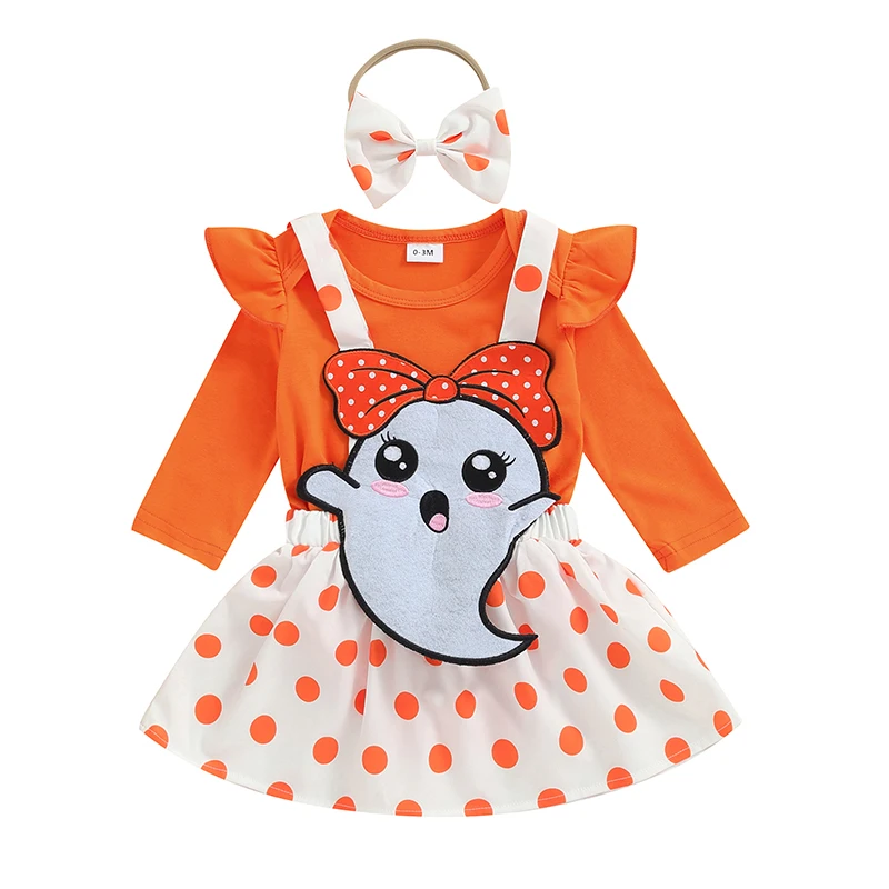 

Baby Girls Skirt Set Long Sleeve Romper Ghost Suspender Skirt Bow Headband Halloween Clothes