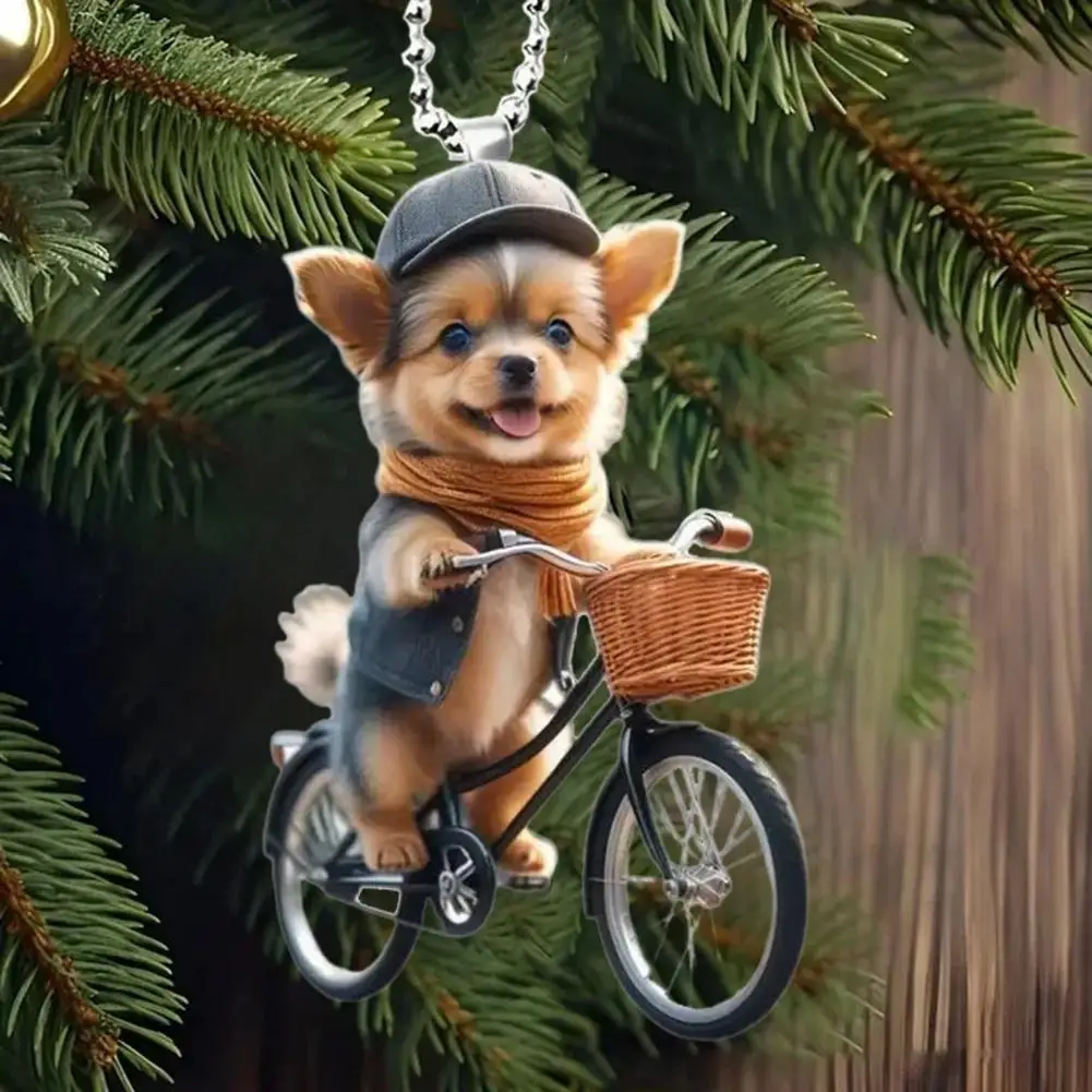 Fun Pendant Puppy Riding Bicycle Christmas Tree Ornaments Double-printed Acrylic Hanging Decorations for Home Gift for Family