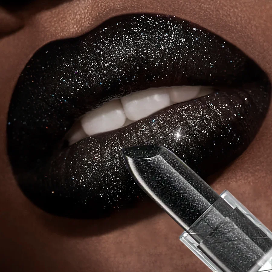 Lápiz labial con purpurina resistente al agua, brillo de labios negro Sexy, tinte de labios brillante, cosméticos, maquillaje de labios de Halloween