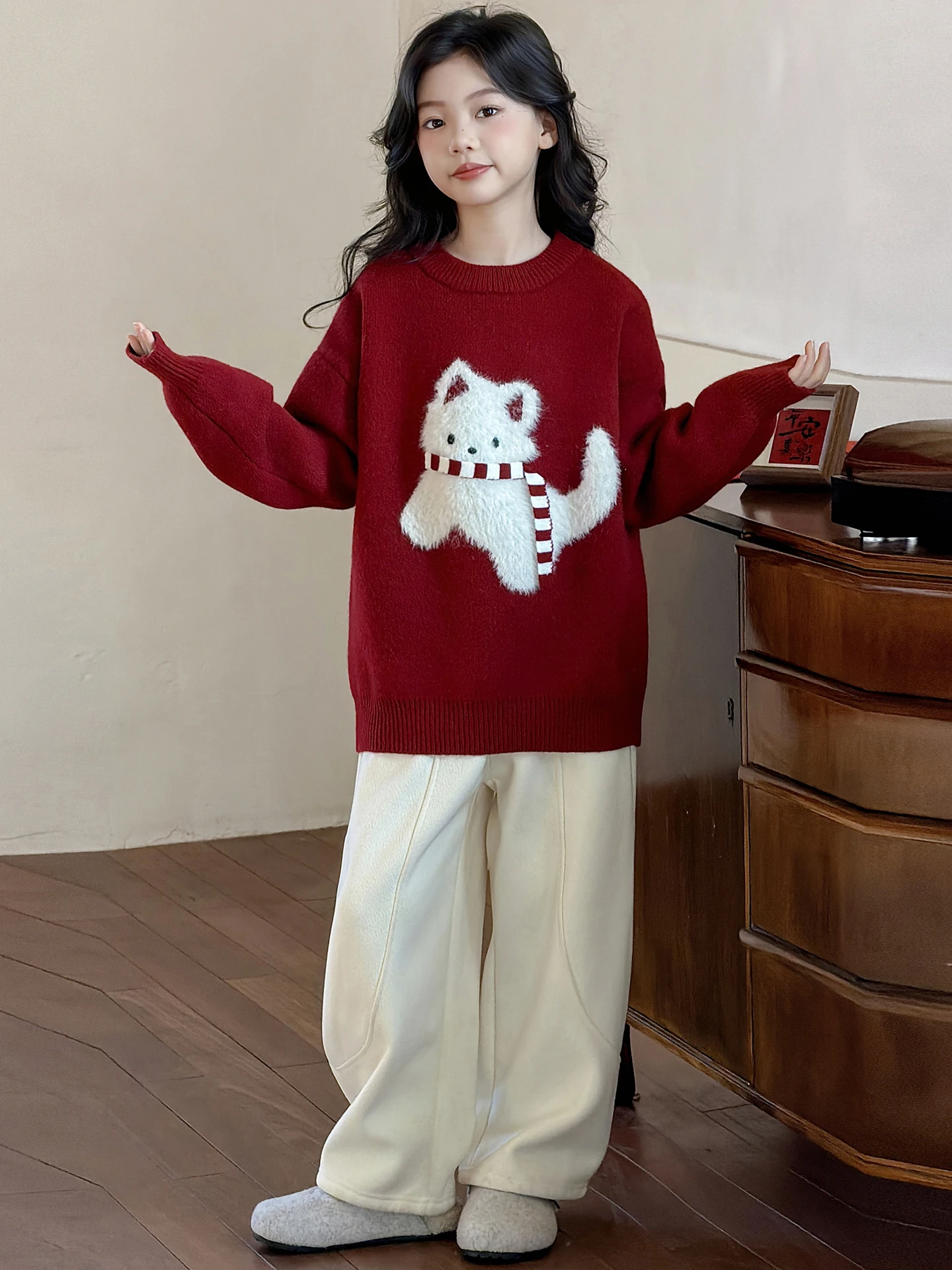 

Thiened Fce Children's Outfit Autumn Winter Korean Sle Girls' Clothes Sweater Wide Leg Pants Two Piece Set Casual Wear