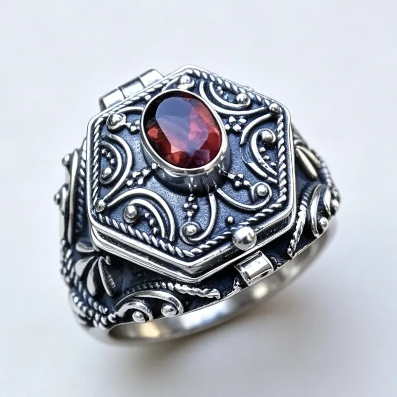 Jianjie Ethnic Style Retro Carving Rings Mens Oval Cut Red Zirconia Classic Octagon Shape Daily Wear Wide Men's Ring Jewelry