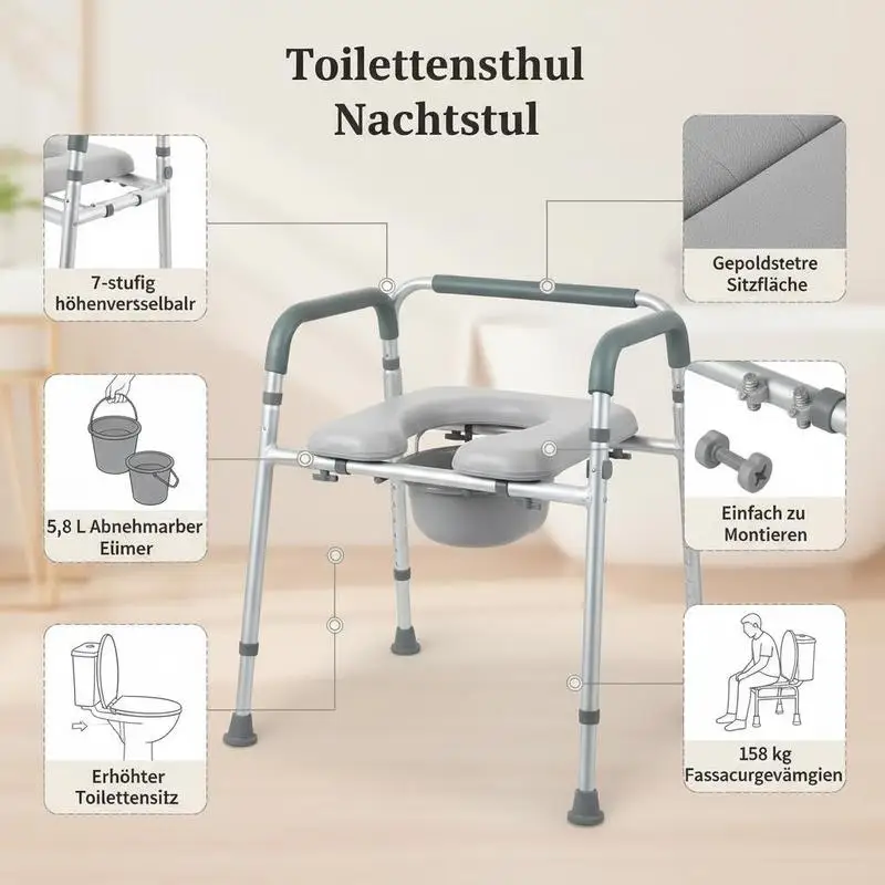 Toilet Bench 22"x17"x31" For Bedroom Hospital Nursing Home, Padded Seat Armrests 7-Level Height Adjustable 5.8L Removable Bucket Easy Assembly 350 LBS Capacity Adult Senior Raised Potty Chair - view 4