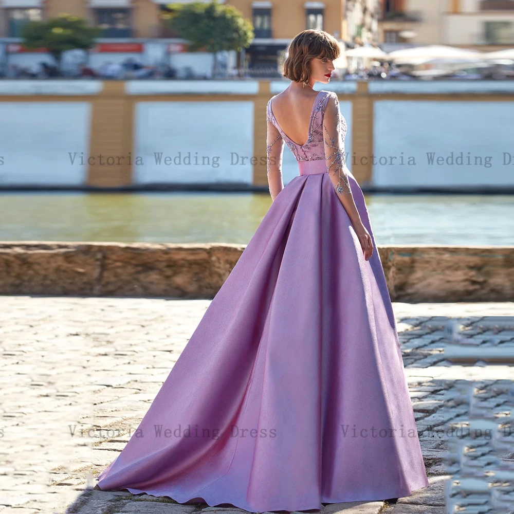 Elegant Lilac A-Line Mother of the Bride Dresses V Neck 3/4 Sleeves Wedding Party Gowns Beading Floor Length Satin فساتين السهرة