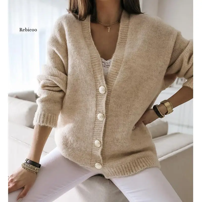 

Autumn Winter Loose Sweaters Women Elegant V-Neck Long Sleeve Solid Single Breasted Slim Knitted Cardigans Office Ladies Outwear