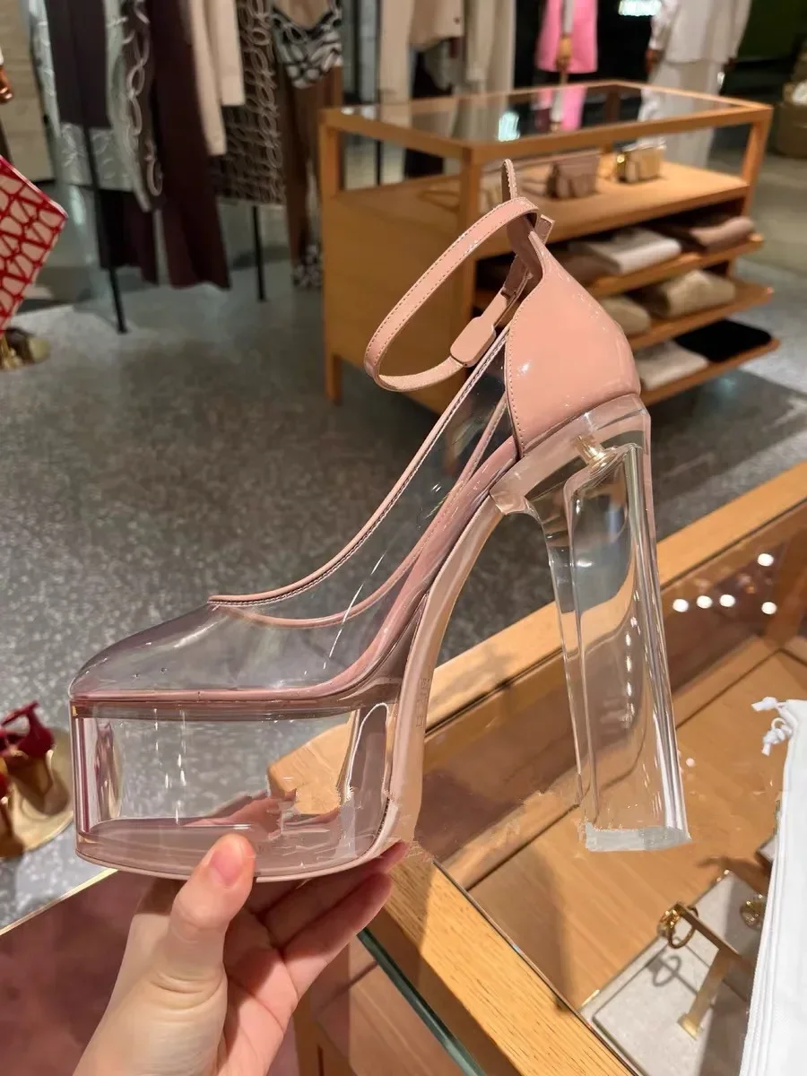 Crystal Transparent Heel Platform Buckles Strap Pumps Woman Summer 2026 Brown Round Toe Thick Heel Sandals Shoes for Women view 3