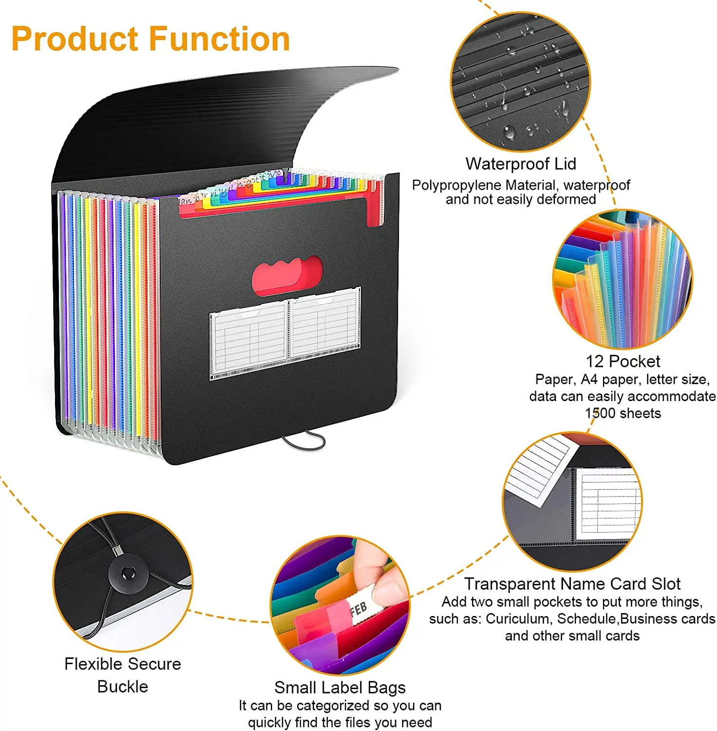 Suporte De Documentos Portátil Com 12 Bolsos, Pasta De Arquivo Em Expansão, Tamanho Carta A4, Arquivamento Preto, Armazenamento De Mesa Do Produto