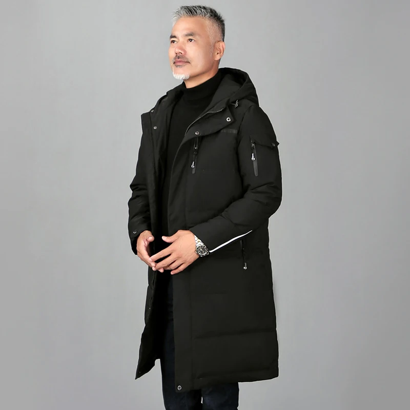 Jaqueta puffer de pato masculino, casaco longo casual, Parkas com capuz acolchoado, sobretudo de penas, coreano, inverno