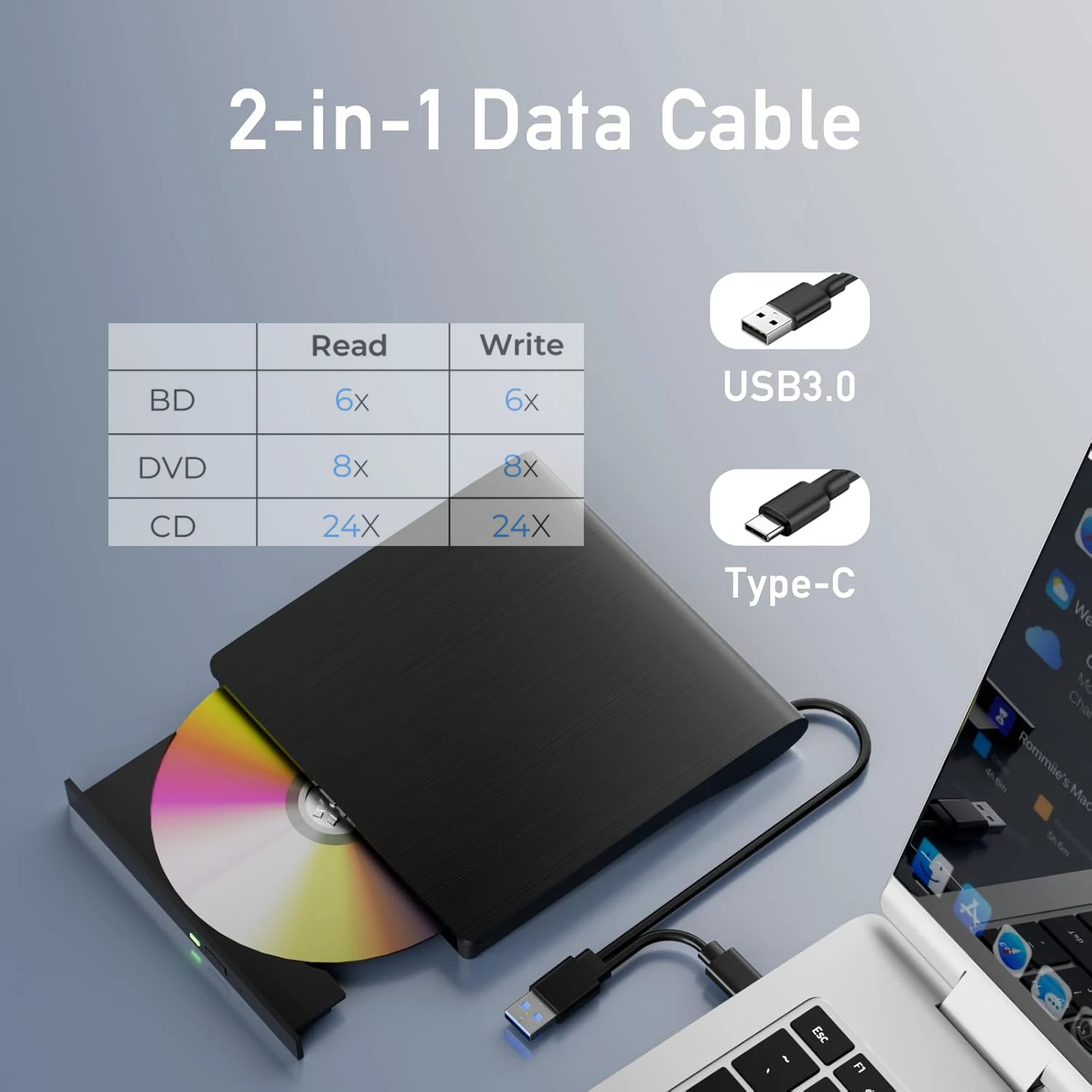 External Bluray Drive USB 3.0 and Type C Bluray DVD Burner Portable 3D CD DVD Player for Windows, Read And Write BD CD DVD Discs