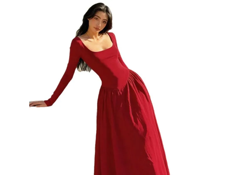 프렌치 빈티지 긴 소매 스퀘어 칼라 드레스 슬림 웨이스트 디자인 가을 신상 우아한 여성 미디 드레스 풀 슬리브