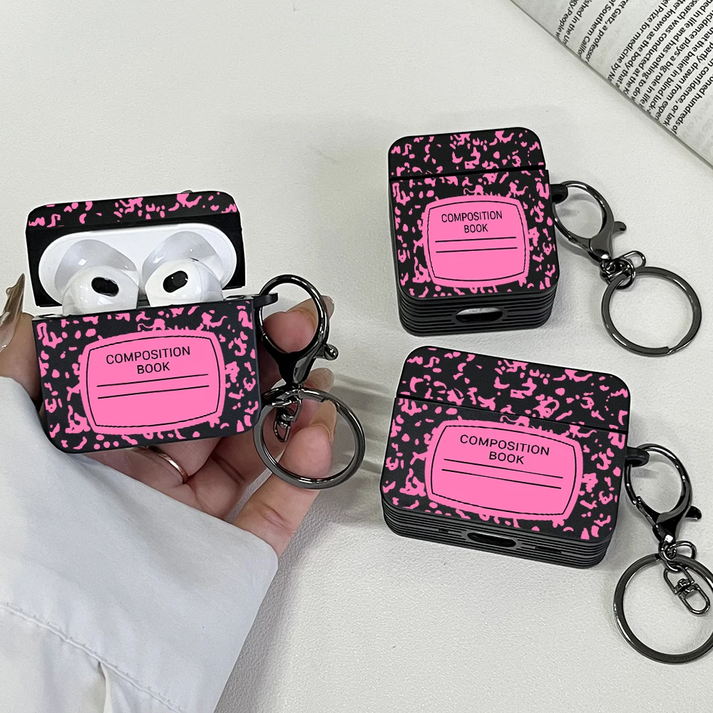 Pink Composition Book Pattern Earphone Case for AirPods Pro3/Pro2/Pro, AirPods 1/2/3/4 Shockproof Protective Cover with Keychain
