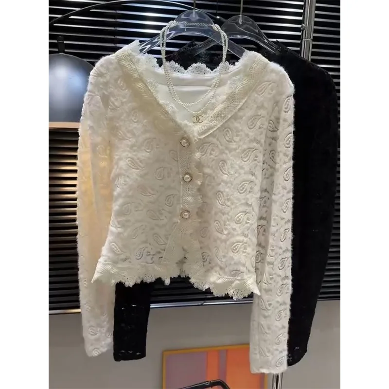 French Style Fleece Lined Hollow V Neck Lace Top Solid Long Sleeve Elegant Winter Blouse
