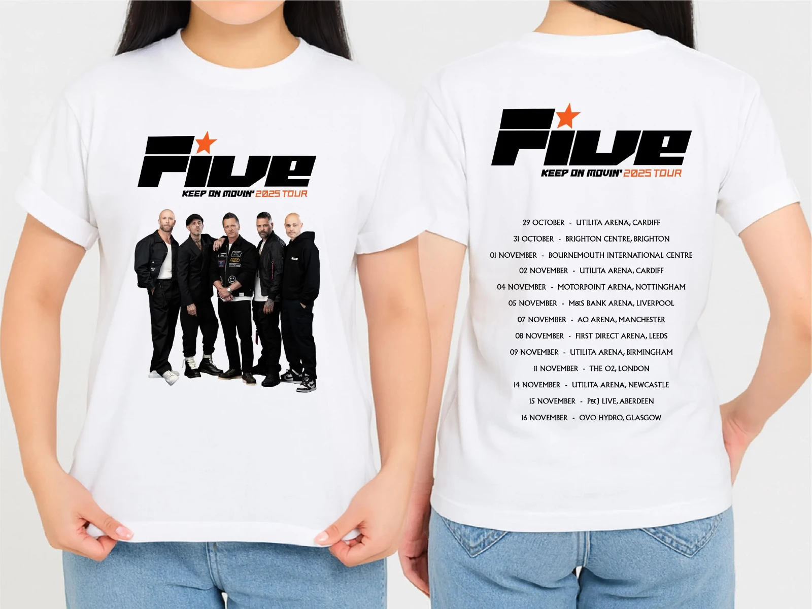 خمسة صبي إبقاء على جولة Movin 2025 الجبهة الخلفية مطبوعة خمسة صبي الفرقة الحفلة قميص الحفل عاشق المحملة الأعلى مهرجان الموسيقى تي شيرت