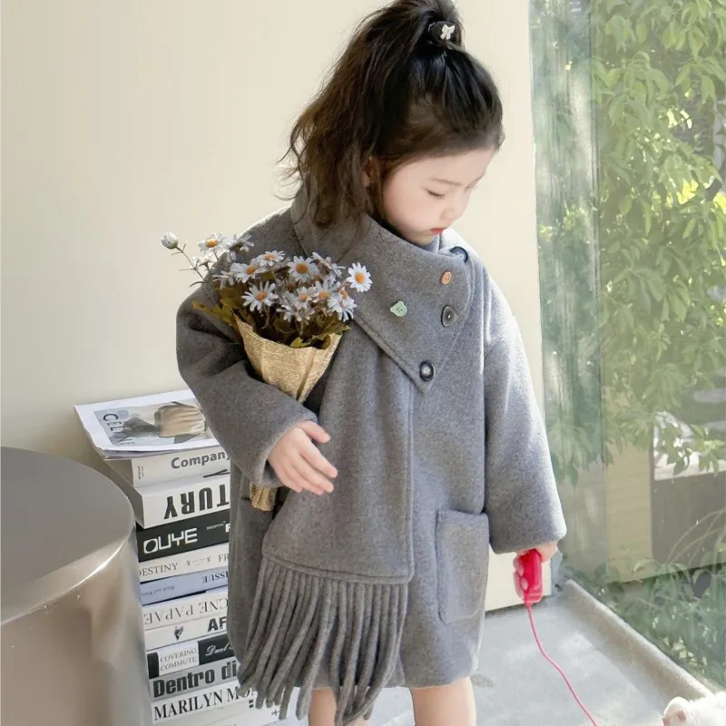 الشتاء الكورية الأطفال فتاة خندق معطف وشاح ملون زر طفل رضيع فتاة معطف رمادي الرضع بابيس الفتيات ملابس خارجية سترة