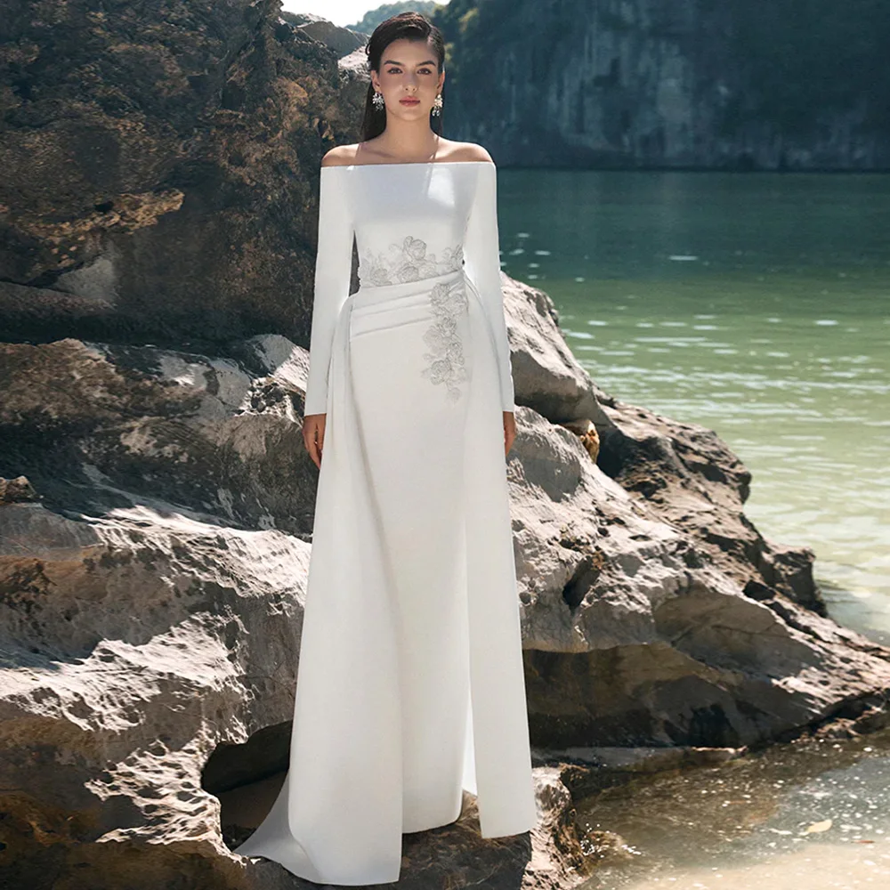 

Элегантное вечернее платье из белого джерси по индивидуальному заказу, модное вечернее платье с вырезом лодочкой и открытыми плечами, с длинными рукавами, мягкое праздничное платье