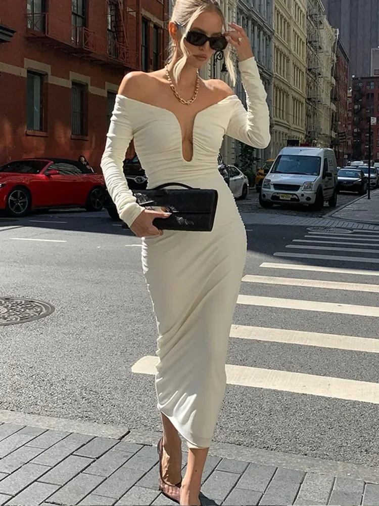 

Solid Color Deep V-neck Long Sleeve Dress Sexy Off The Shoulder Backless Slim Fit Vestidos 2024 New Lady Party Banquet Gowns