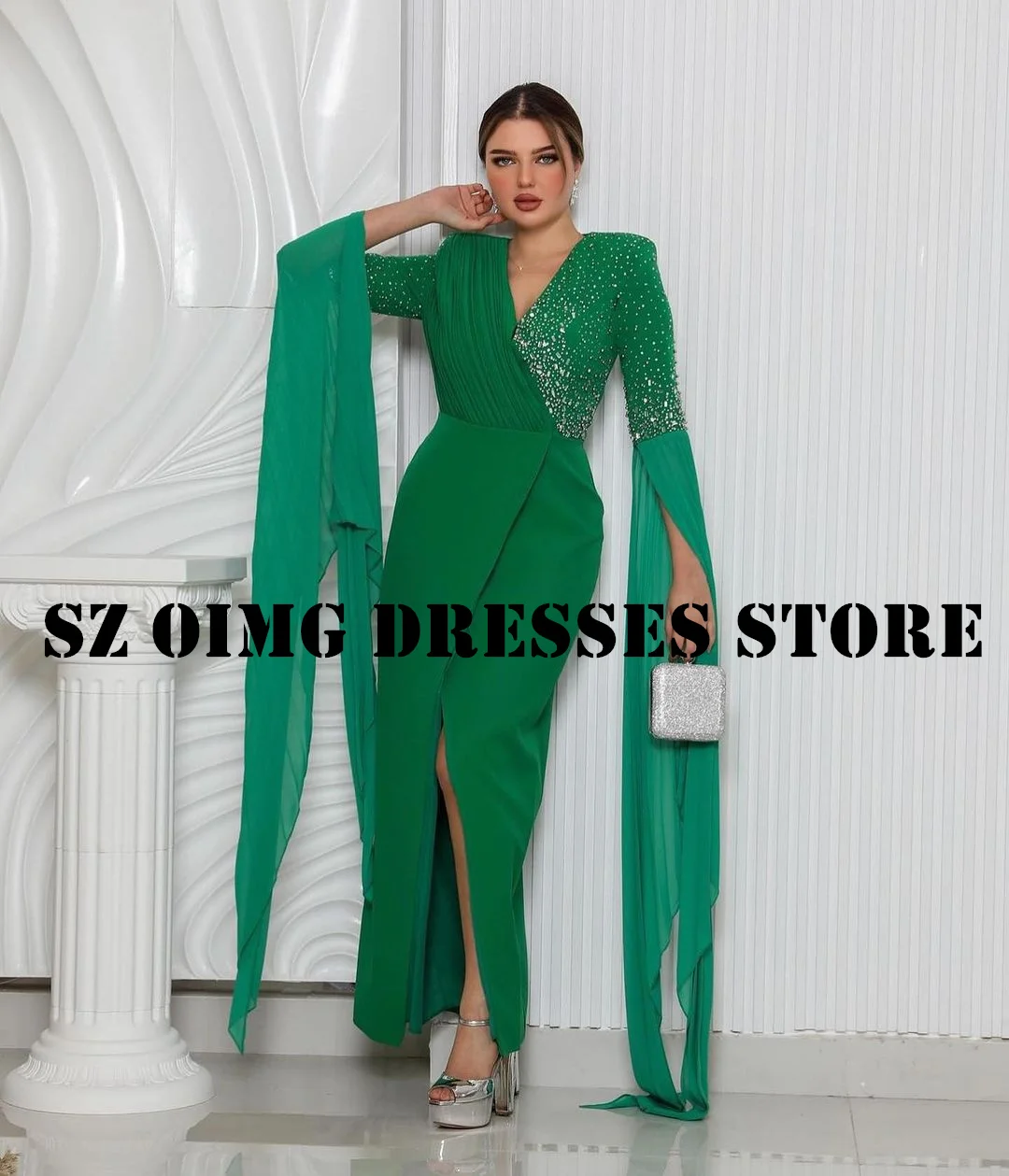 

OIMG New Design Prom Dresses Arabic Ruched Women Long Sleeves Sheath V-Neck Satin Sequined Evening Gowns Formal Party Dress