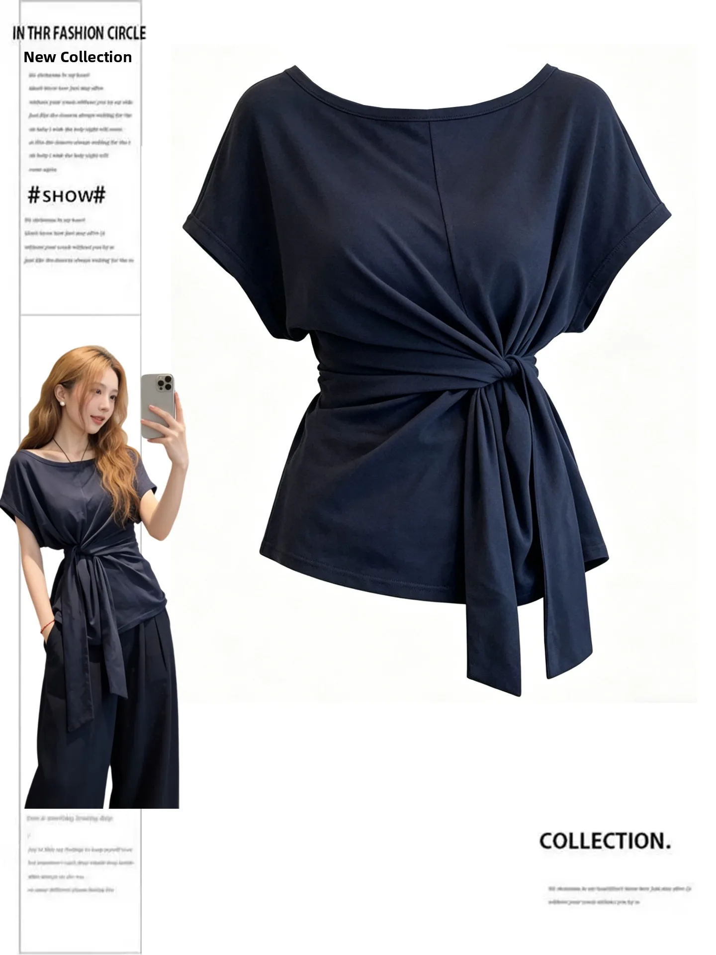 

plus Size Women's Slim Fit Short Sleeve T-Shirt in Royal Blue with Waist-Cinching Design for Summer Commute Knot De...