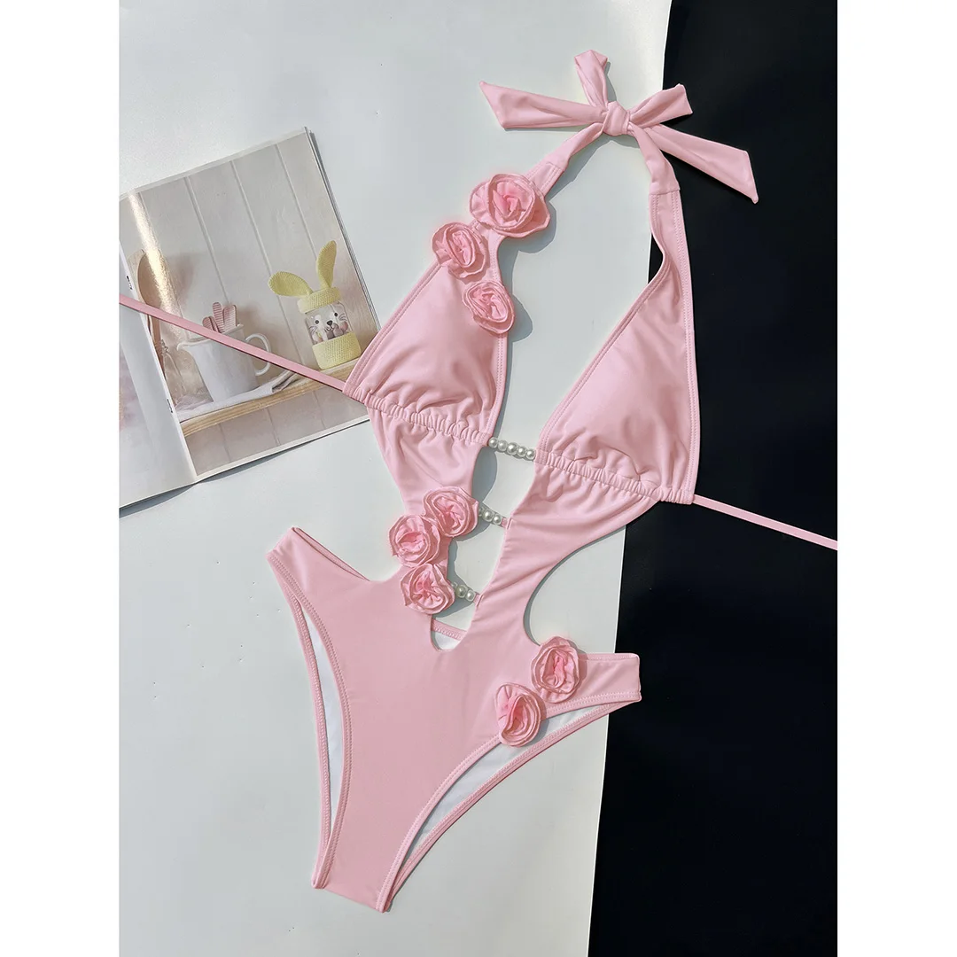 Rosa-rote Badeanzug-Bademode mit 3D-Blumenmuster, tiefem V-Ausschnitt, einteiliger Badeanzug für Damen, hoch geschnittene Beine, Monokini V6986P – Detail 4