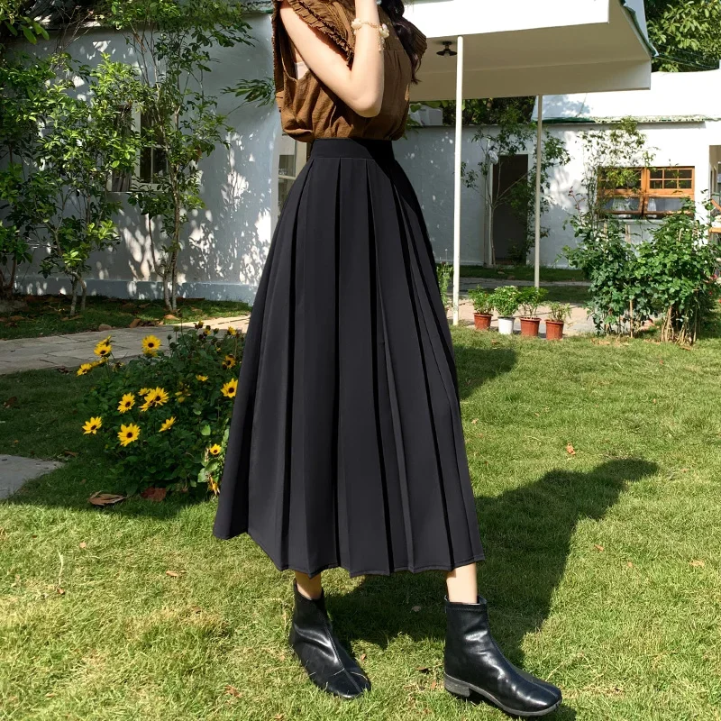Women's Boxy Pleated Midi Skirt Elastic Waistband Back Twill Flowy Long Skirt Spring Summer Ladies Vintage Outfit