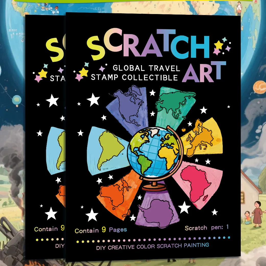 Top Scratch Art Global Travel Stamp Collectible contain 9 pages - DIY Creative Color Scratch Artcards Children's Holiday Gifts