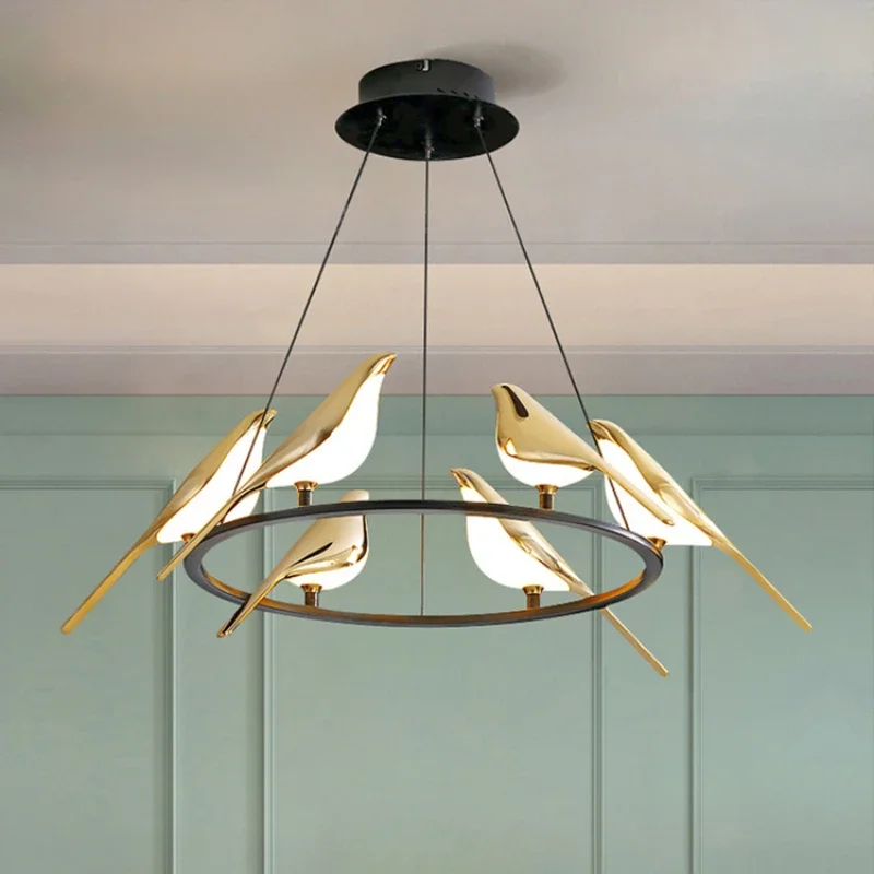 

Pendant Lamps Postmodernism Art Gold Magpie Bird Led Chandelier for Loft Living Room Restaurant Home Decoration Lighting