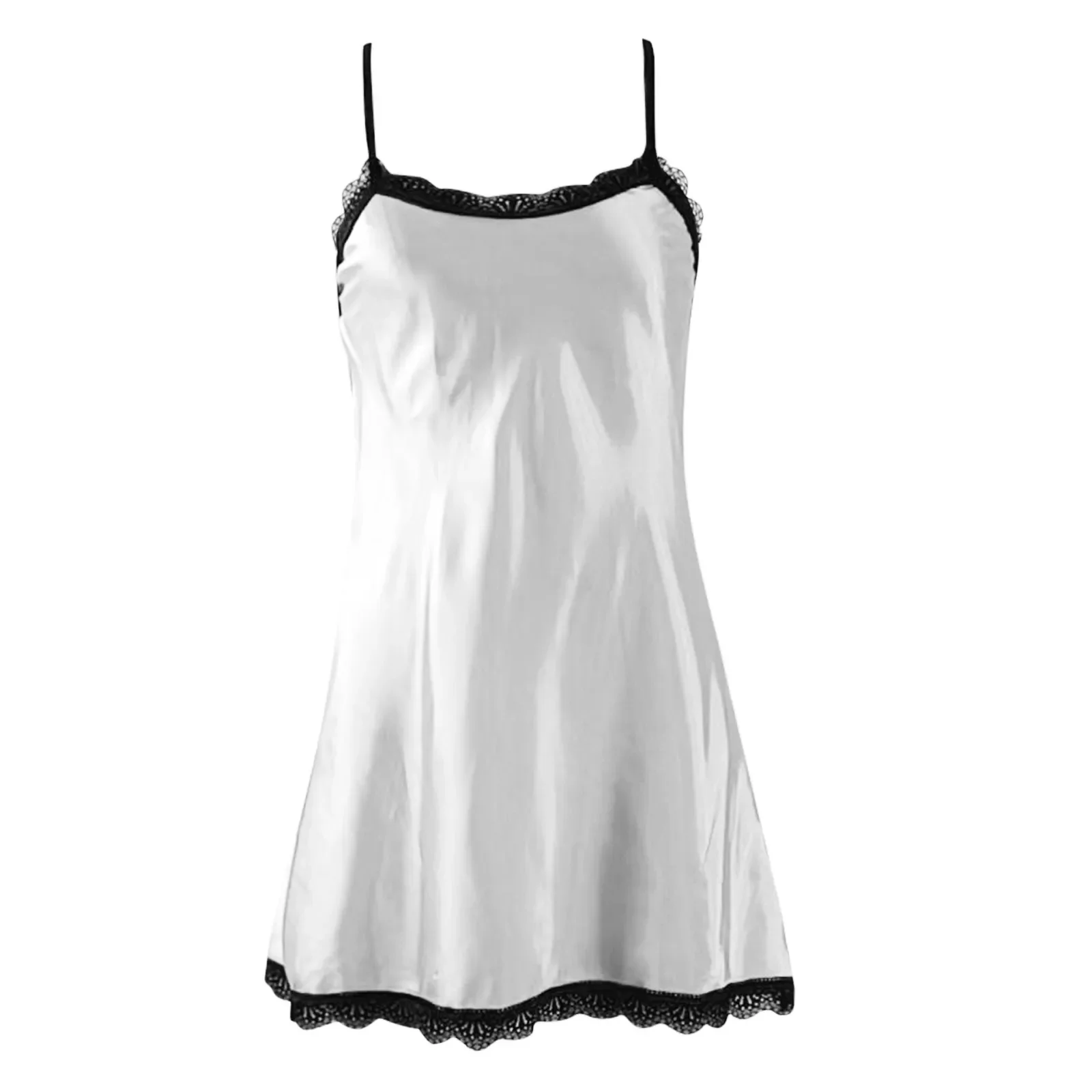 Lencería blanca Sexy de encaje con cuello en V, vestidos de noche para mujer, ropa de dormir de seda satinada, vestido de noche sin mangas con tirantes, camisón, pijamas