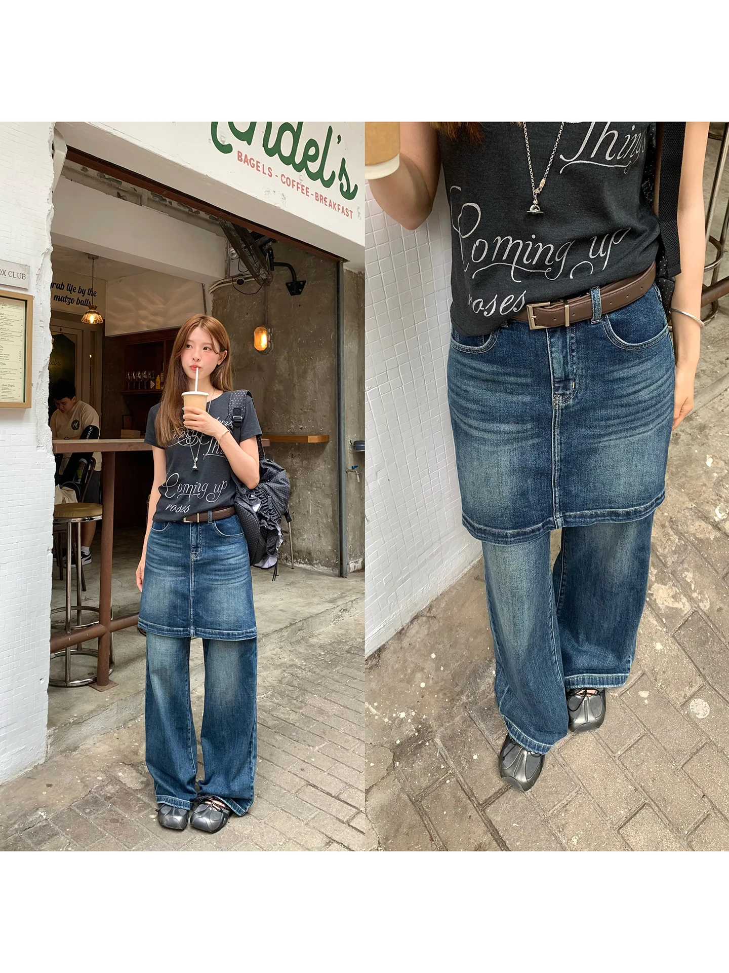 

WHYSTUDIO Deconstructed Design Slimming Versatile Casual Jeans Skirt High Waist Wide Leg Pants Fashionable All Seasons Ladies