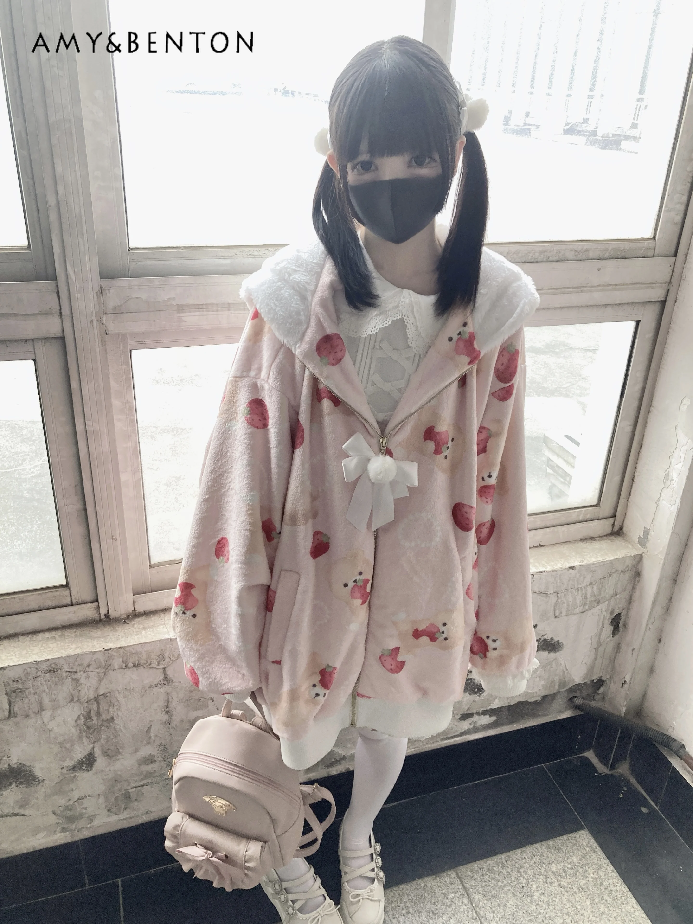 

Japanese Sweet Kawaii Printed Flannel Coat Mine Mass-Produced Cute Oversized Hooded Jacket Warm Thickened Zipper Coat Winter New