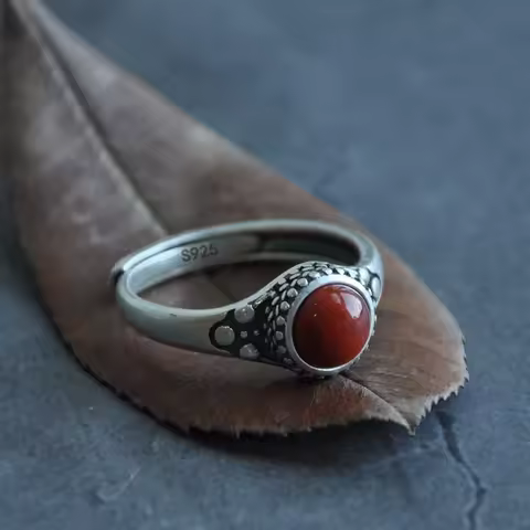 BFCLUB 925 Sterling Silver Rings For Women Men Fine Jewelry Finger Adjustable Open Vintage Red Ston Ring For Party Birthday Gift