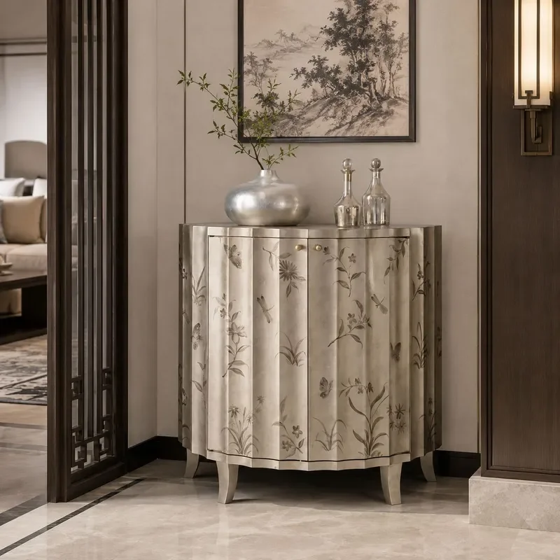 High End Light Luxury Entrance Cabinet Semi Round Foyer Solid Wood Carving Hand Painted Living Room Side Cabinet Decorative