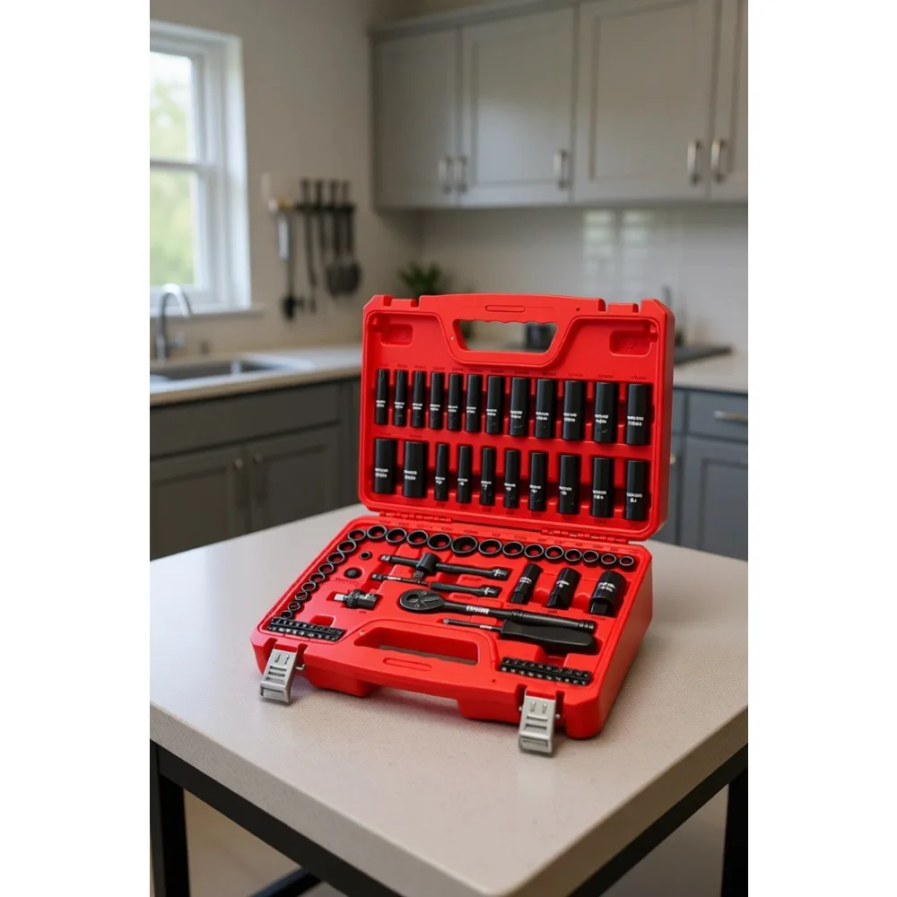 

96 Piece 3/8 Inch Drive Impact Socket Set SAE Metric CR-V Deep Shallow 6 Point Ratchet Universal Joint Bit Holder Adapters