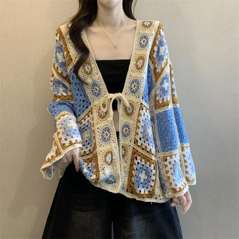 2026 New Spring Autumn Bohemian Crochet Cardigan Women's Hollow Out Loose Knit Cover Up Stylish Ethnic Fashion Top