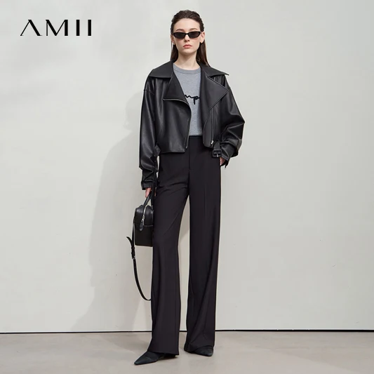 AMII 2025 الخريف بنطال ذو قصة أرجل واسعة بساطتها الصلبة أنيقة مكتب سيدة سليم السراويل الطويلة عادية فضفاض الأعمال بنطلون 12543034