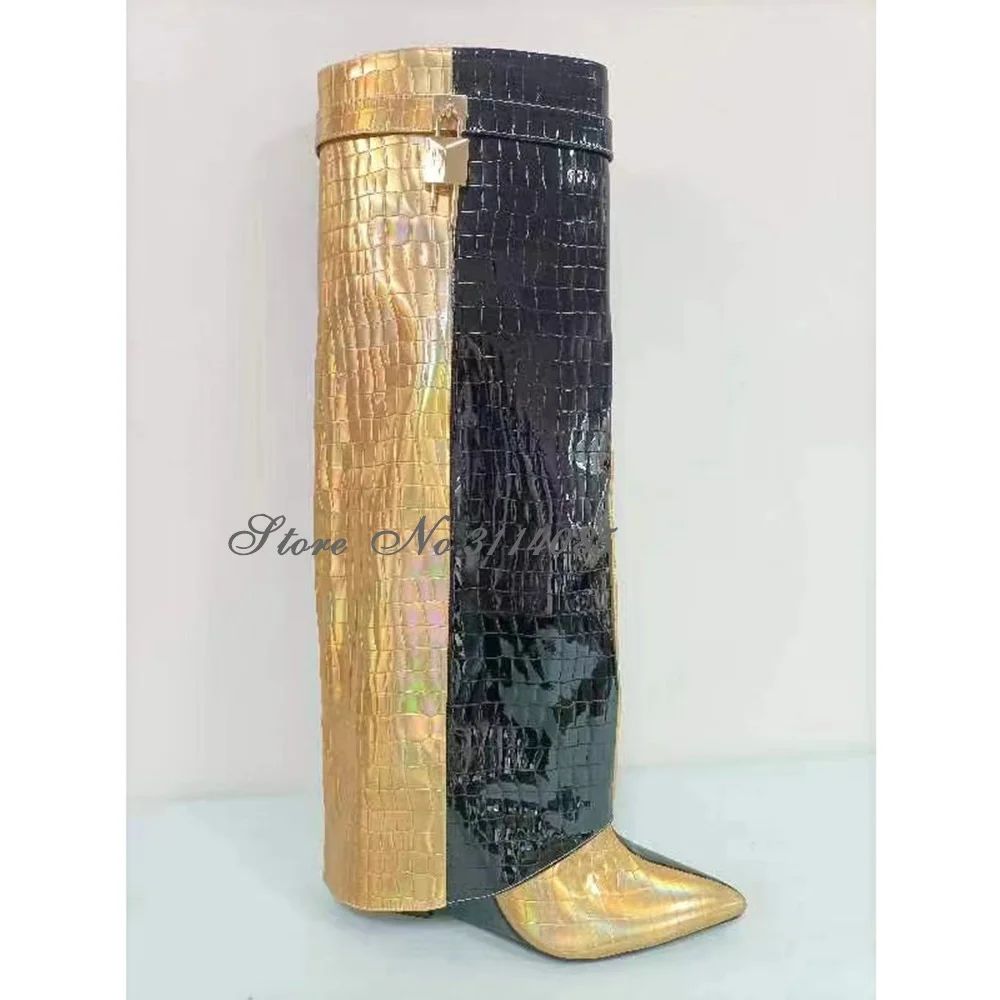 

Newest Gold Black Crocodile Patchwork Padlock Knee Boots Wedged Heel Pointed Toe Snakeskin Tall Boots Metal Decorated Shoes