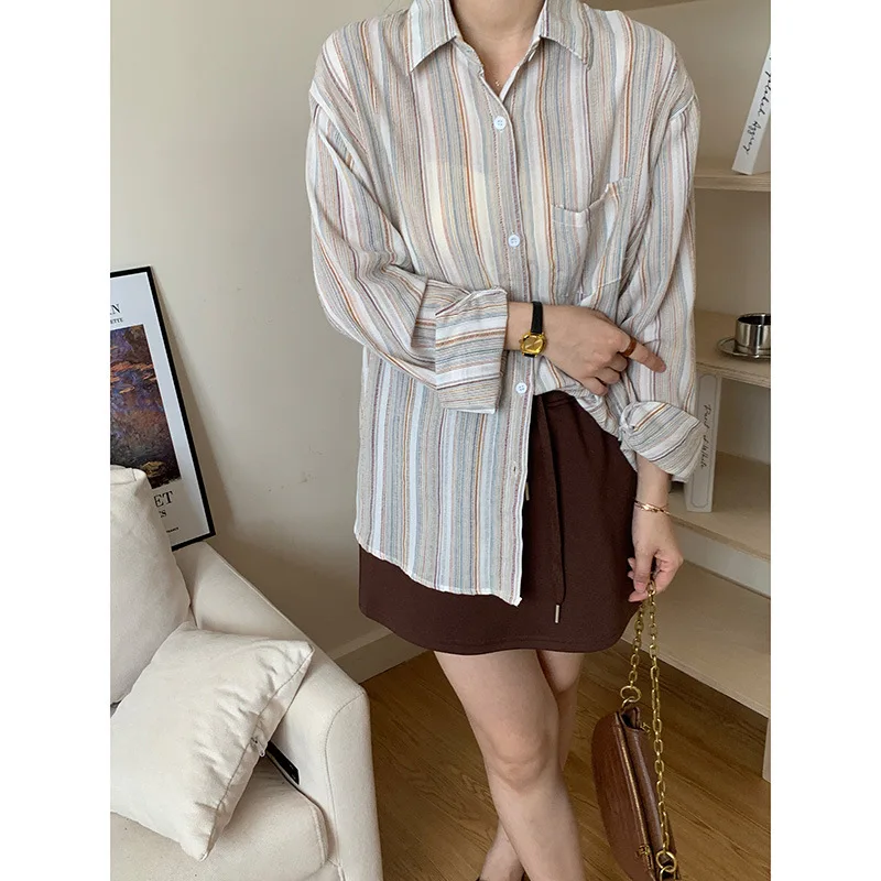 Striped Printing Long Sleeve Women Shirt Office Lady Elegant Blouses Vintage Loose Casual Tops