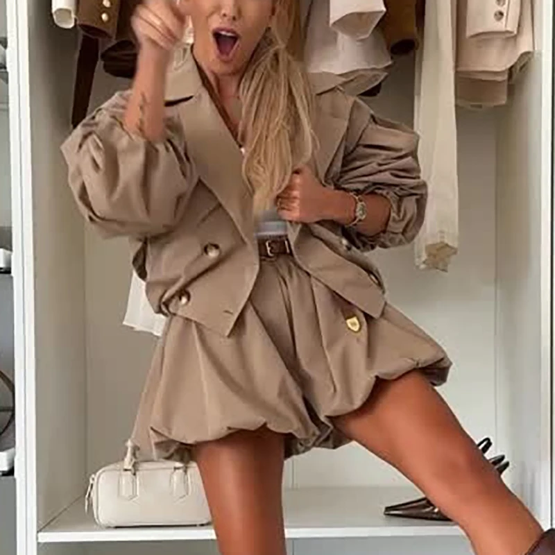 Vintage High Street Loose Women's Two Piece Casual Autumn Long Sleeved Jacket And Shorts Suit Fashion Outdoor Cargo Solid Outfit