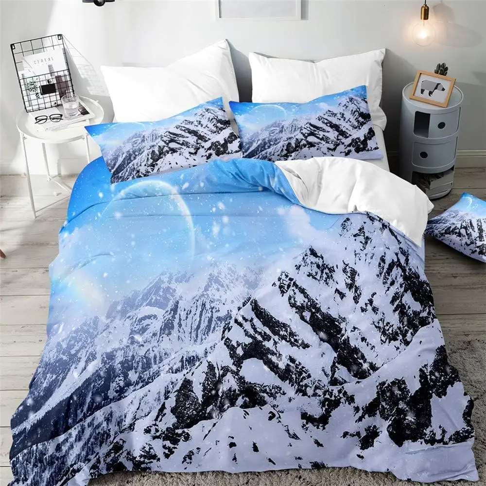 White Snow Mountain Duvet Cover Twin King Natural Landscape Themed Bedding Set Winter Style Comforter Cover with 2 Pillowcases