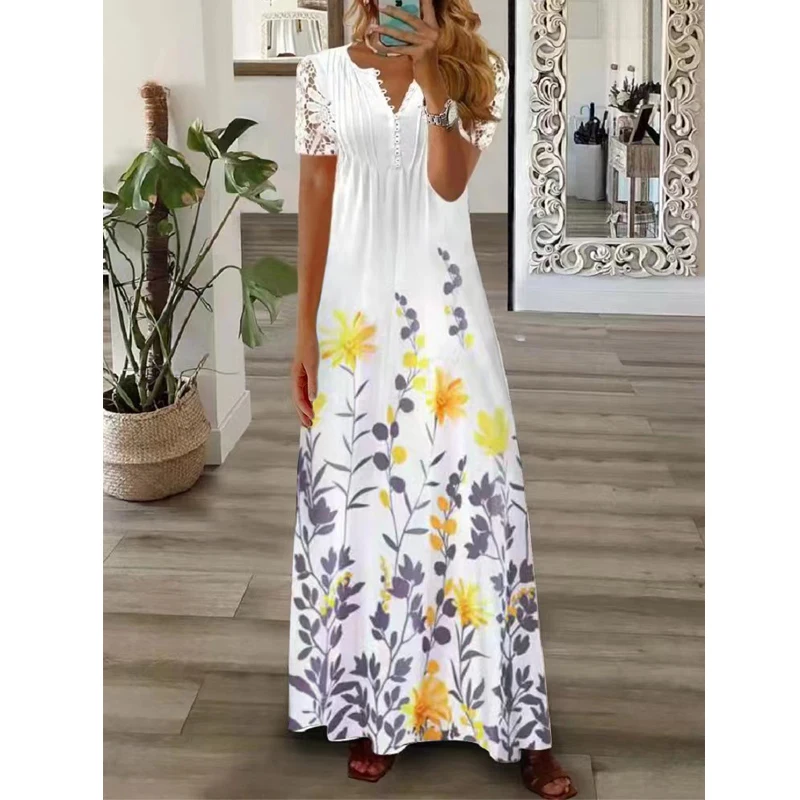 Women Lace Patchwork Floral Print Pleated Elegant Party Long Dresses Summer Trendy V-neck Short Sleeve Beach Maxi Dress Vestidos