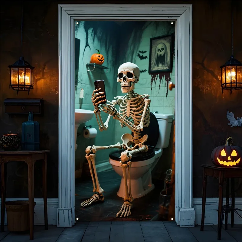 لافتة ثنائية الأبعاد، ديكور باب المرحاض هيكل عظمي للهالوين - مشهد حمام رعب مع الخفافيش والقرع وشبكات العنكبوت - بوليستر #5