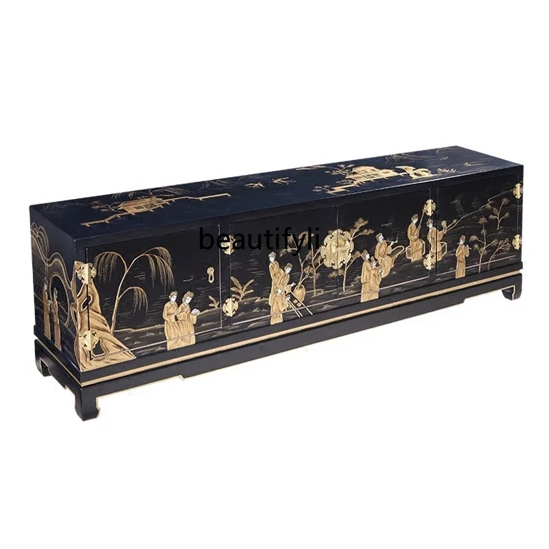 

Modern new Chinese black gold-painted retro style solid wood living room TV floor cabinet