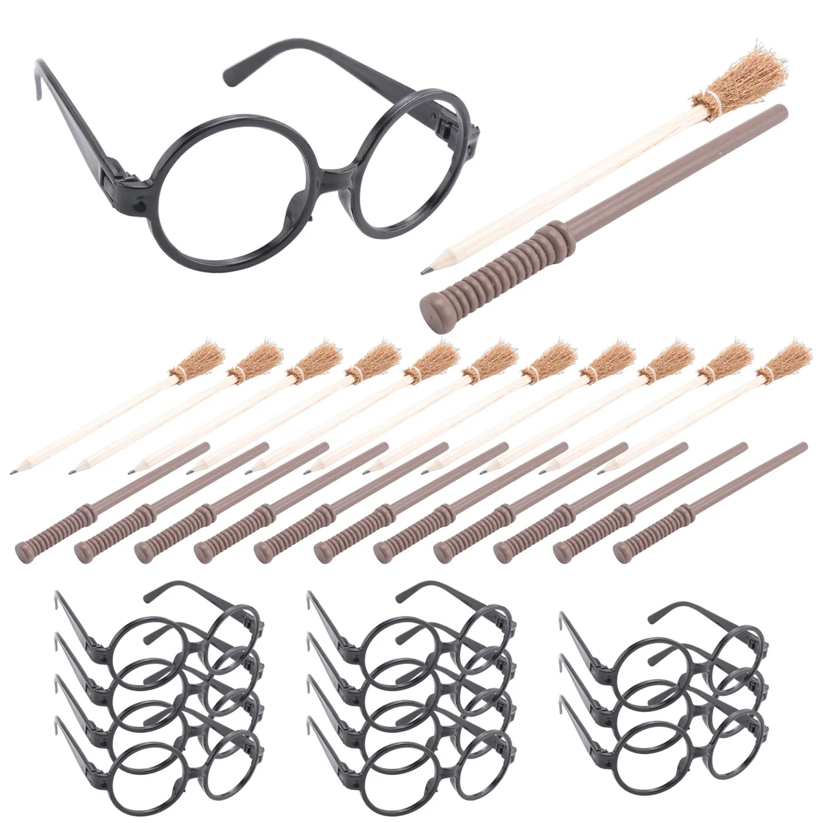 36 Pcs Witch Broom Pencil and Wands Pencils and Glasses with Round Frame No Lenses,Wizard Wands Theme Party Supplies