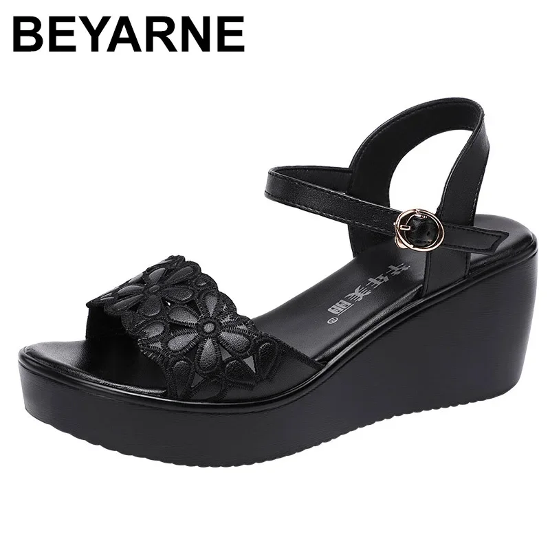 BEYARNE women sandals big size 33-43 summer open toe leather ladies shoe sandals women platform 6cm heels women shoes
