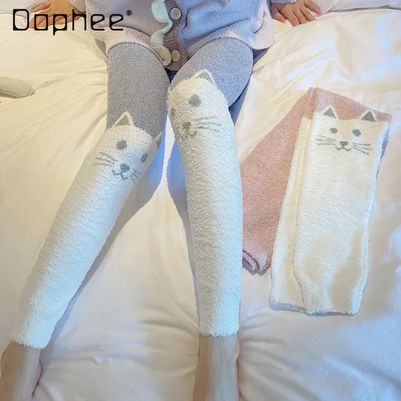 

Leggings Sleep Bottoms High Waist Warming for Women Pajama Pants Cartoon Cat Thickened Ninth Pants Winter Homewear Trousers