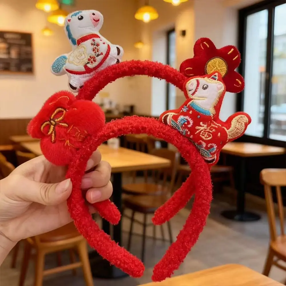 

Exquisite Cartoon Horse Hair Hoop Mascot Red New Year Headpiece Pony Good Luck Plush Horse Doll Headband Children