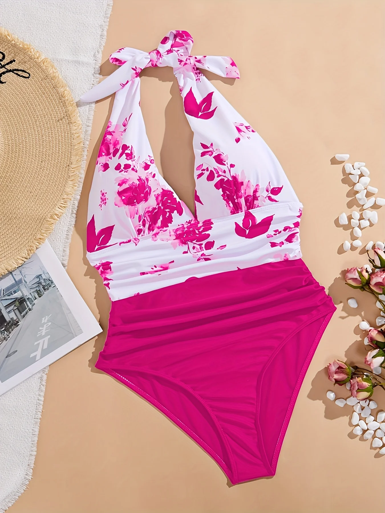 Maiô feminino elegante de uma peça – Maiô sexy com decote em V, gravata sem costas, estampa floral – Estilo praia