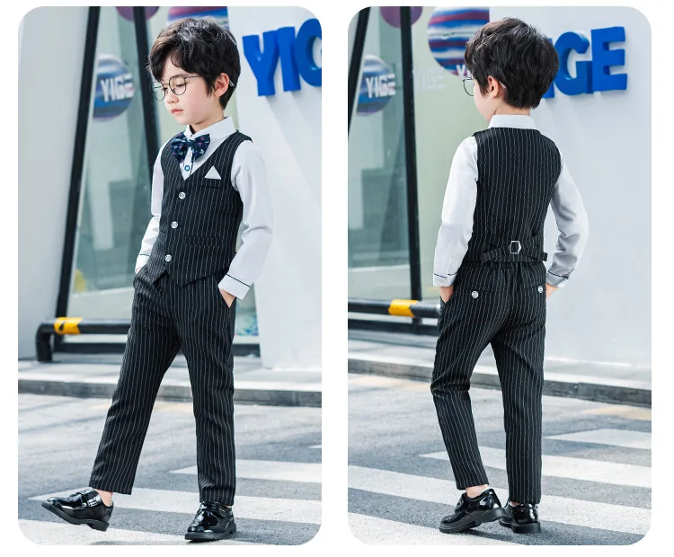 LOlanta 2PCs/5Pcs Kids Boy Gentleman Formal Suit White T-shirt Black Blue Stripe Set Children Birthday Party Wedding Clothing