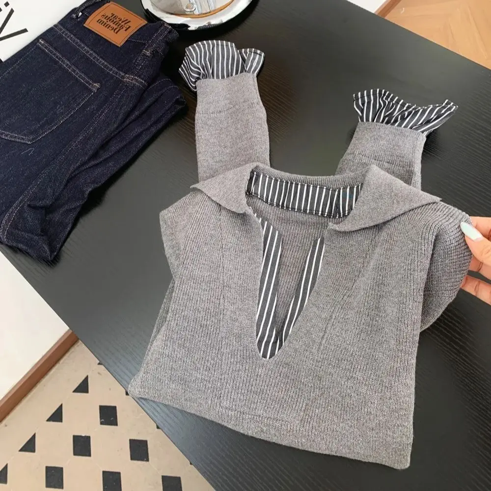 

Fake Two Piece Patchwork Long Sleeves For Women Autumn Slimfit Korean Tops V-neck Striped All Match Pullover Knitshirt