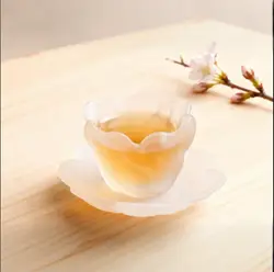 Japanese Style Petal Glass Teacup with Saucer, Clear Kung Fu Tea Set for Home or Office, Elegant Transparent Tea Accessories