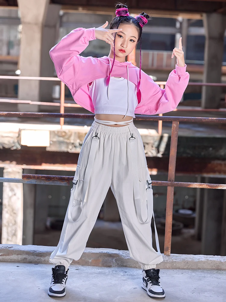 Weiße Cargo hose Kinder HipHop Performance Outfit Kpop Bühne tragen Mädchen Jazz Tanz Kleidung Hip Hop Kostüm Kapuze rosa Tops